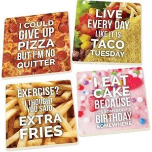 4 Piece Square Ceramic Coaster Set Food Humor Tacos, Pizza,‎ Fries and Cake